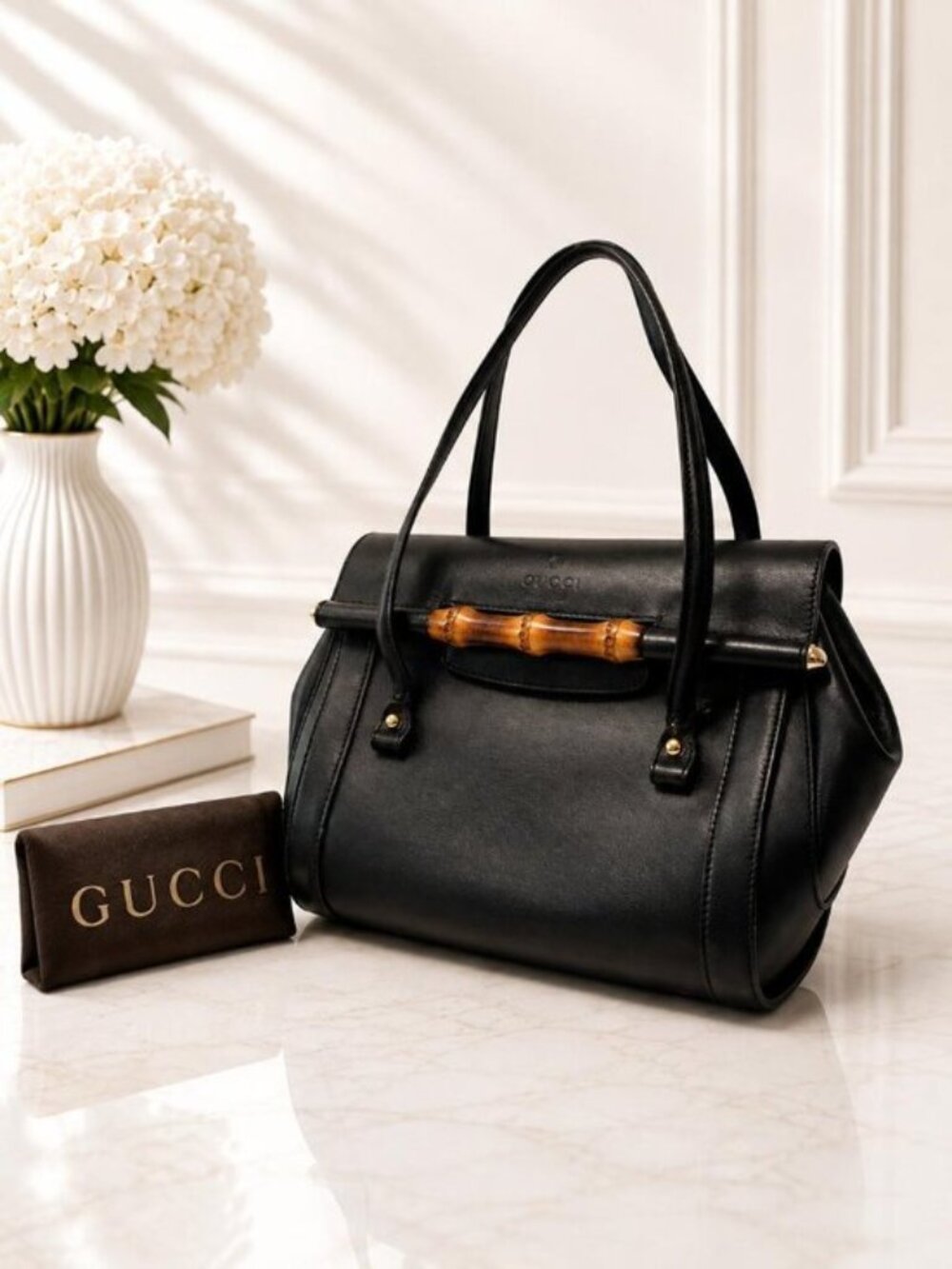 Authentic Gucci Bamboo Daily Black Leather Top Handle Bag